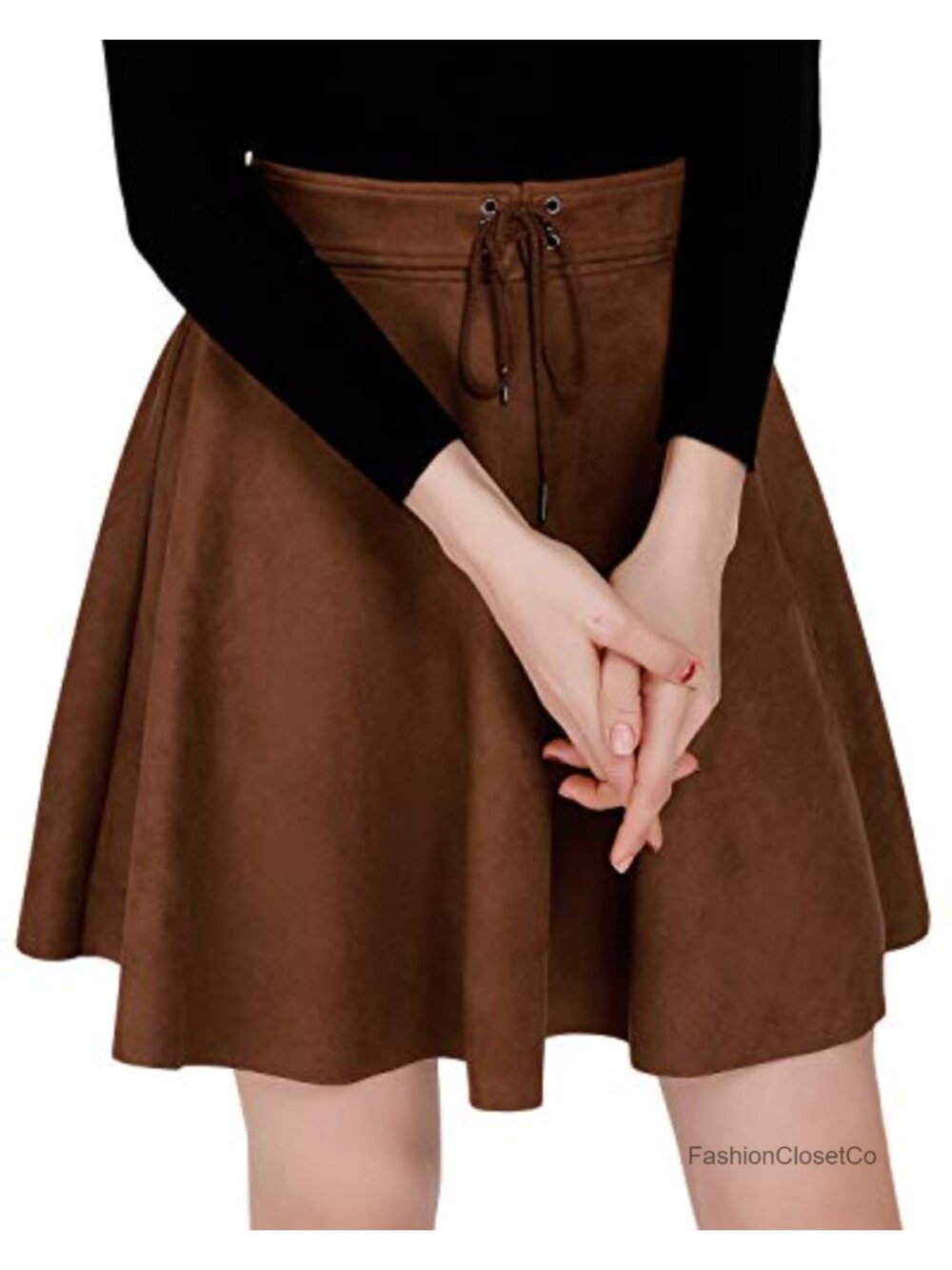 Faux Suede High Waist A-Line Flared Mini Skirt with Adjustable Belt